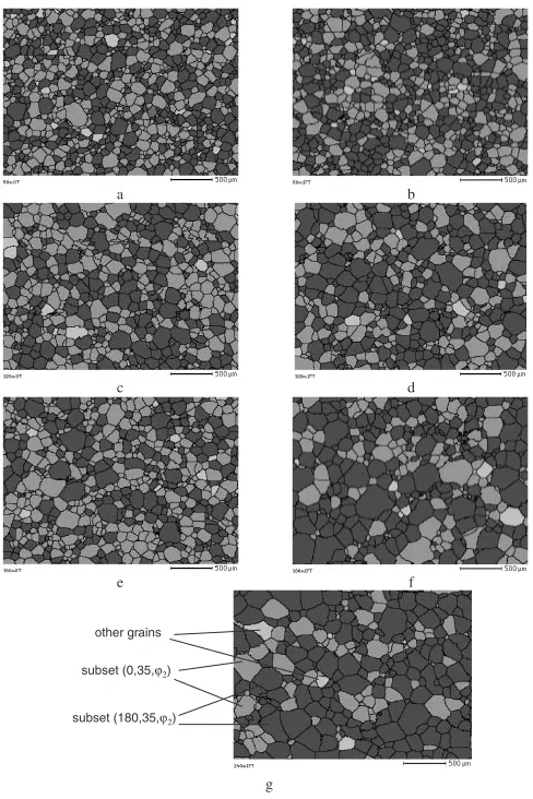Fig. 11Grain microstructures obtained by orientation imaging with EBSDafter annealing at 1023 K for (a) 75 min, (c) 135 min and (e) 195 min atzero ﬁeld and for 15 min at zero ﬁeld and (b) 60 min, (d) 120 min, (f)180 min and (g) 240 min in a magnetic ﬁeld of 17 T.