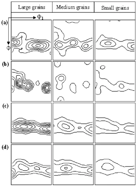 Fig. 9ODF �2 ¼ 45� sections of diﬀerent size recrystallized grains inannealed specimens holding for 10 and 30 min, respectively: (a)0 T � 10 min; (b) 12 T � 10 min; (c) 0 T � 30 min; (d) 12 T � 30 min.