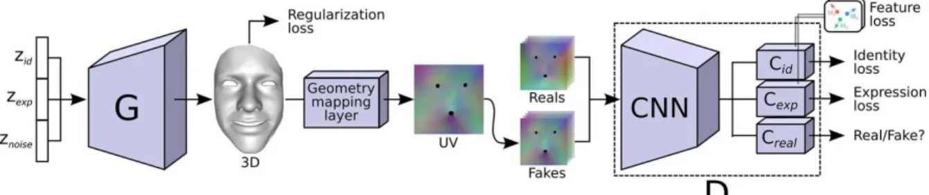 Figure 1: Our proposed architecture. A MLP generates the 3D coordinates of the mesh, while the discrimination occurs in 2D space thanks to the geometry mapping layer