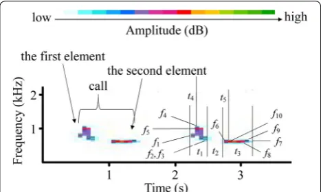 Fig. 1 Spectrogram of male Common Cuckoo (amplitude within that element (minimum frequencies of the element (the element (the element (Cuculus canorus) call, and measured variables
