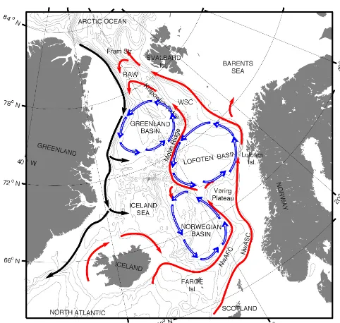 Figure 1. The Nordic Seas with schematic water pathways showingthe northward ﬂowing Atlantic Water in the surface (red) and south-ward ﬂowing East Greenland Current (black)