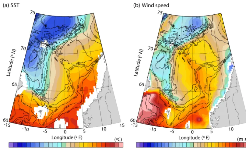 Figure 3. Climatological mean (2002–2009) (a) AMSRE SST (◦C) and (b) QuikSCat wind speed (m s−1)
