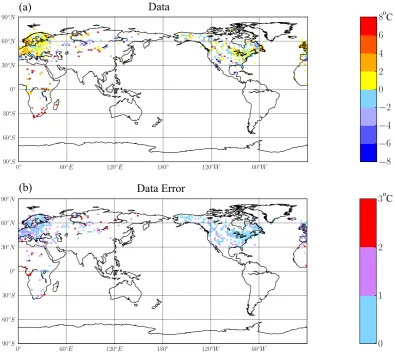 Fig. 2. Mid-Holocene temperature anomaly for the hottest month from the proxy reconstructions described in Sect
