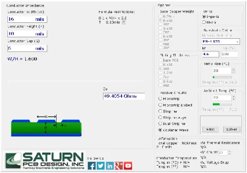 Figure 3-24: Coplanar Wave Guide Trace Width using Saturn PCB Toolkit [23] 
