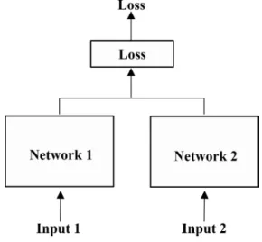 Figure 1.4 The structure of siamese networks. It contains two identical networks, each of them takes one of the inputs and their outputs are fed to the loss function.