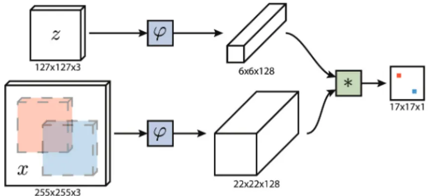 Figure 2.7 The architecture of SiamFC [8]. The inputs are the exemplar image and the search image