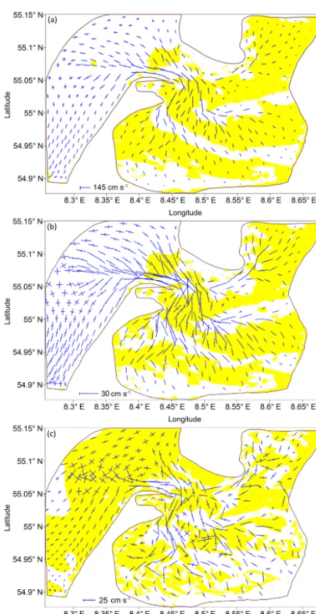 Figure 7. Axes of the (a) M2, (b) S2 and (c) M4 tidal current el-lipses and zones of the minor-to-major axis ratios