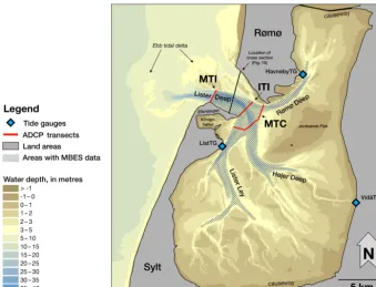 Figure 1. The bathymetry of the considered domain. The red lines indicate acoustic Doppler current proﬁler (ADCP) transects, the bluerhombuses show positions of the tide gauges