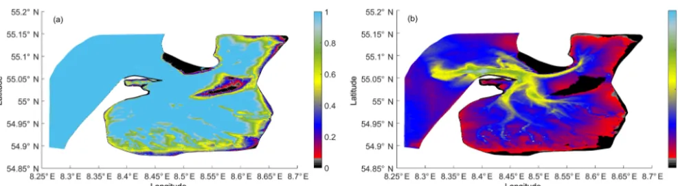 Figure 3. (a) The probability of wetting based on simulations of the two full tidal cycles using the unstructured grid