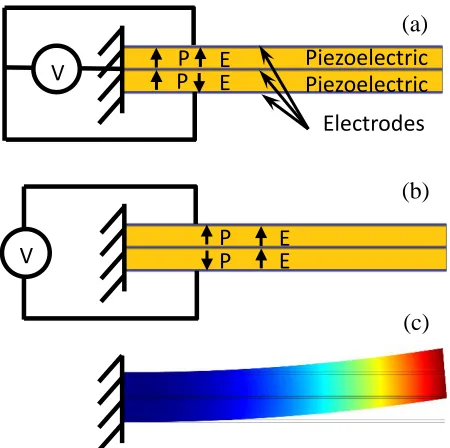 Figure 2-2. Two configurations of the bimorph cantilever-shaped actuator. Two layers of piezoelectric materials are separated by a center electrode layer