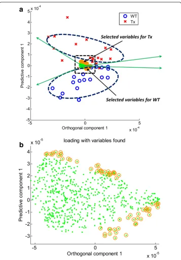 Fig. 5 BCS analysis using orthogonal signal correction of high-resolution metabolomic data from liverwith the top 5% of features to the separation of TG and WT metabolic profiles within the 95% correlation rangecontributing