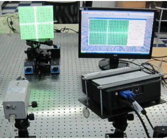 Fig. 4. The hardware setup of the fringe projection imaging system including a DLP projector, a color 3CCD camera and a personal computer