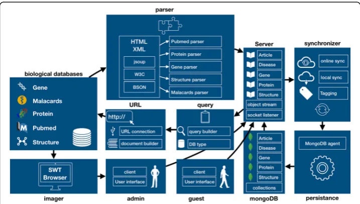 Fig. 2 Implementation schematic, comprised of interfaces to online datasets such as Malacards and NCBI’sGene, Protein, Pubmed and Structure databases, and various processing tools for data parsing