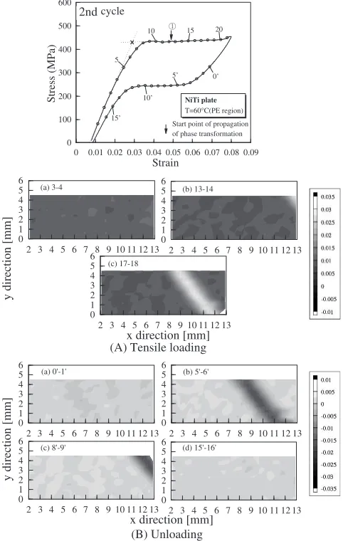 Fig. 10Stress–strain curve and distribution of local strain on the surface ofNiTi plate during 2nd tensile loading–unloading in the region ofpseudoelastic temperature.