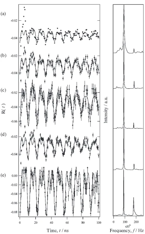 Fig. 2TDPAC spectra at room temperature of polyimide/Fe 50.0(1) nm/111In/Fe x nm/Ag 20.0(1) nm