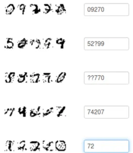 Figure 8: The Amazon Mechanical Turk interface we used to query online annotators. An annotator is shown five rows of five manipulated digit images, and is requested to type the digit labels (or ‘?’) into the input boxes