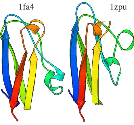 Figure 71zpuidues 58–145 of 1zpu (chain A). Aligned residues have the Simultaneous sequence and structure alignment of 1fa4 and Simultaneous sequence and structure alignment of 1fa4 and 1zpu