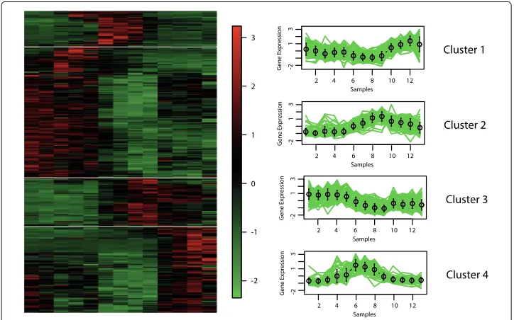 Fig. 7 Clustering solution yield by MOC-GaPBK algorithm in Yeast Cell Cycle. a Eisen plot b Cluster profile plots
