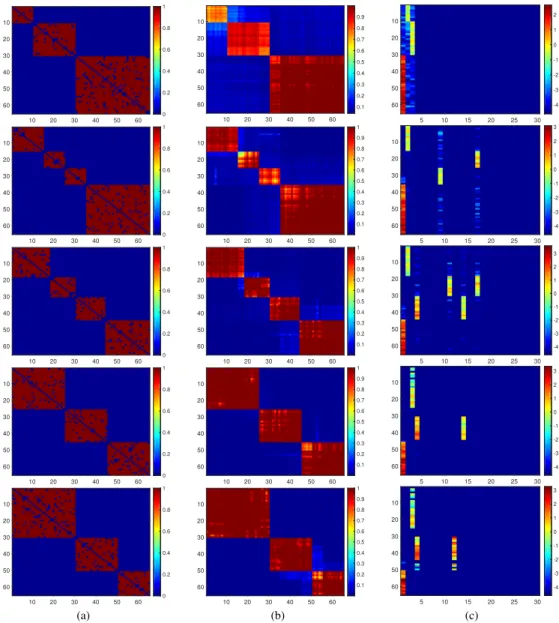 Figure 3.4: Dynamic community detection on synthetic data. The simulated dynamic network with five time snapshots are shown in column (a) ordered from top to bottom