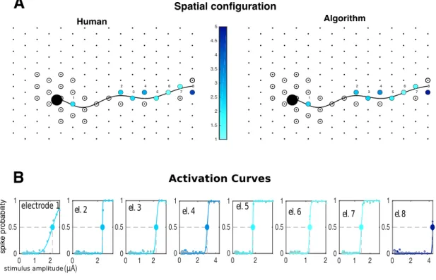 Figure 3.10: Electrical receptive field of a neuron. A spatial representation of the soma (black circle) and axon (black line) over the array