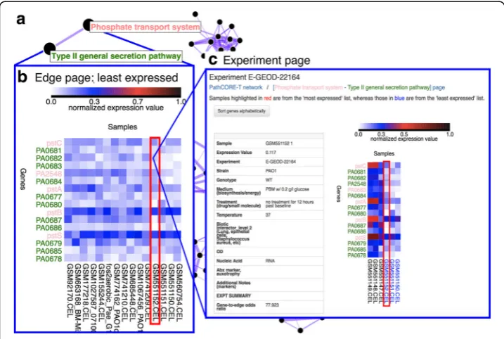 Fig. 4 A web application used to analyze pathway-pathway relationships in the eADAGE-based,user is directed to a page that displays expression data from the original transcriptomic dataset specific to theselected edge (fifteen most and fifteen least expres