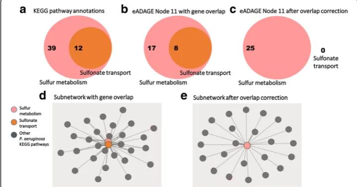 Fig. 3 Correcting for gene overlap results in a sparser pathway co-occurrence network.correction procedure, 25 of the genes in the positive and negative gene signatures of the eADAGE feature“ a The KEGG pathwayannotations for the sulfonate transport system