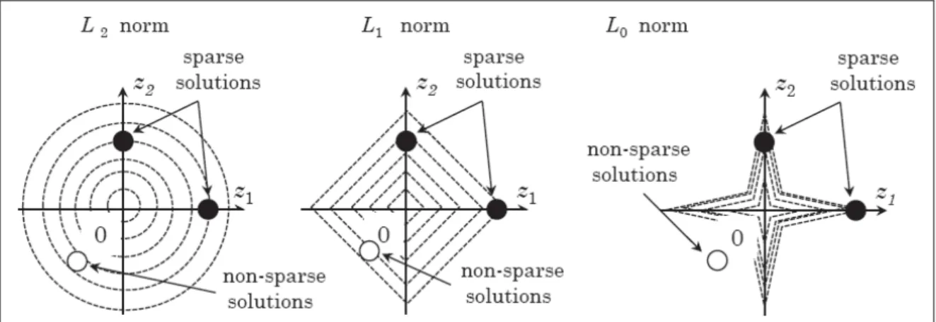 Figure 1.9 Illustrative example of L 0 , L 1 and L 2 norms in the 2D plane. Source: (Kudo et al., 2013).