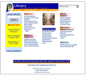 Figure 1: The USQ Library home page, 1998 - 2002