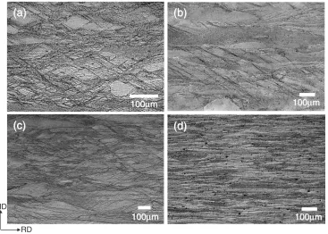 Fig. 1Optical micrographs of longitudinal section of 70% cold-rolled (a) Ni3(Si,Ti), (b) Ni3Al, (c) Ni3Fe and (d) Ni.