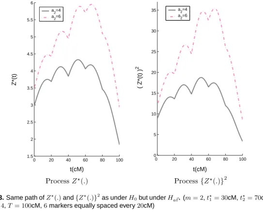Fig. 3. Same path of Z ⋆ (.) and {Z ⋆ (.)} 2 as under H 0 but under H a~ t ⋆ (m = 2, t ⋆ 1 = 30cM, t ⋆ 2 = 70cM, a 1 = 4, T = 100cM, 6 markers equally spaced every 20cM)