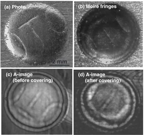 Fig. 9Comparison between proﬁle of dint obtained through opticalmicroscope (a), moire´ fringes (b), acoustic image (A-image) (c) of dintbefore covering by solder, and acoustic image (d) of dint after covering.