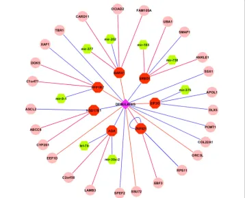Fig. 1 Gene signatures associated with suboptimal debulking, where nodes in red: mRNA signatures; nodesin green: microRNA signatures; nodes in pink: methylation signatures, and edges in red: positive partialcorrelation; edges in blue: negative partial correlation
