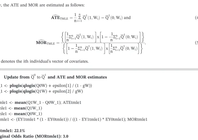 Table 1 shows the first 5 rows of the final dataset where the predicted value of Q 1 ð 1 ; W Þ−Q 1 ð 0 ; W Þ for the first patient (id = 1) can be estimated by using Equation 3 as the inverse logit transformation of the initial estimates Q 0 ð 1 ; W Þ and 