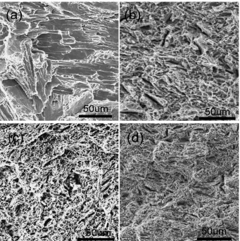 Fig. 6SEM micrographs of the fracture surface of the composite are presented in (a) in cast, (b) A1 forging, (c) A2 forging and(d) A3 forging.