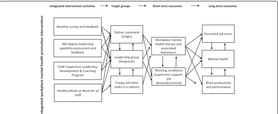 Fig. 2 The logic of the intervention–visually relating intervention activities, target groups, proximal outcomes, and secondary or distal outcomes