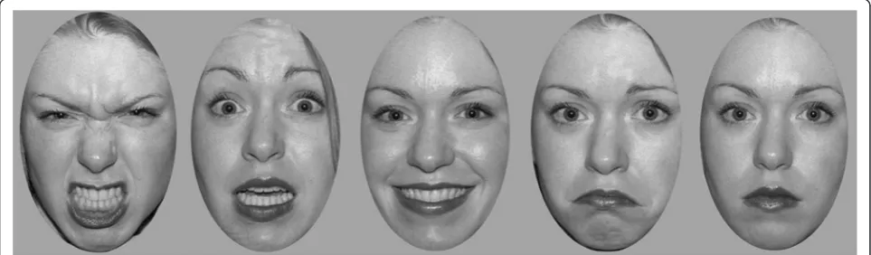 Fig. 1 Sample faces used in the facial expression Go/No Go task. Left to right: anger, fear, happy, sad and neutral expressions