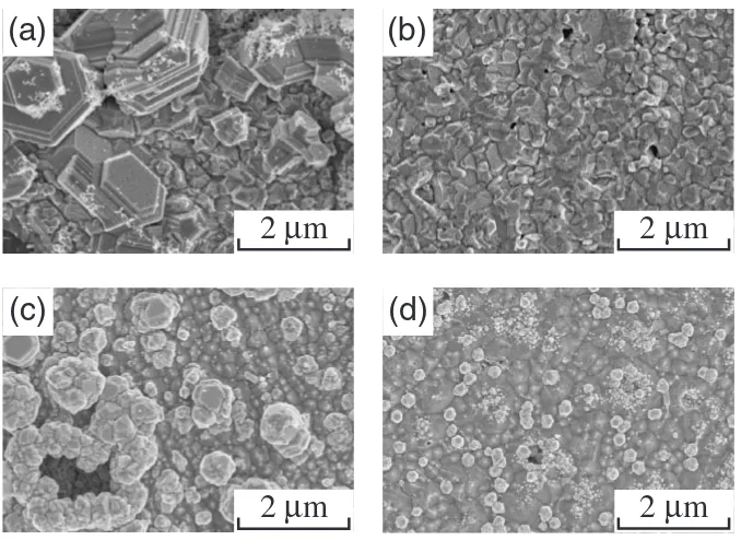 Fig. 5Secondary electron image of the zincated surfaces [(a) single zincate (basic solution), (b) double (basic solution), (c) single(commercial solution), (d) double (commercial solution)].