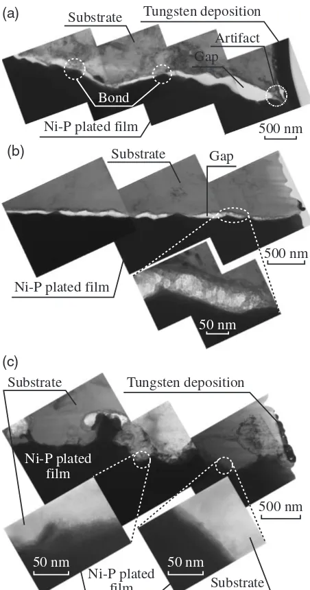 Fig. 9Transmission electron micrograph of the interface between thenickel-phosphorus plated ﬁlm and the substrate [(a) Single zincate (basicsolution), (b) Double (basic solution), (c) Double (commercial solution)].
