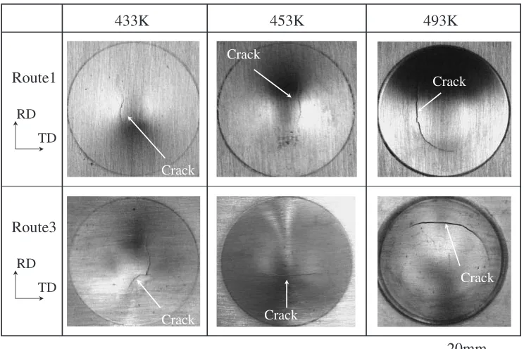 Fig. 6The top view of the route 1 and route 3 specimens after the Erichsen tests at 433, 453 and 493 K.
