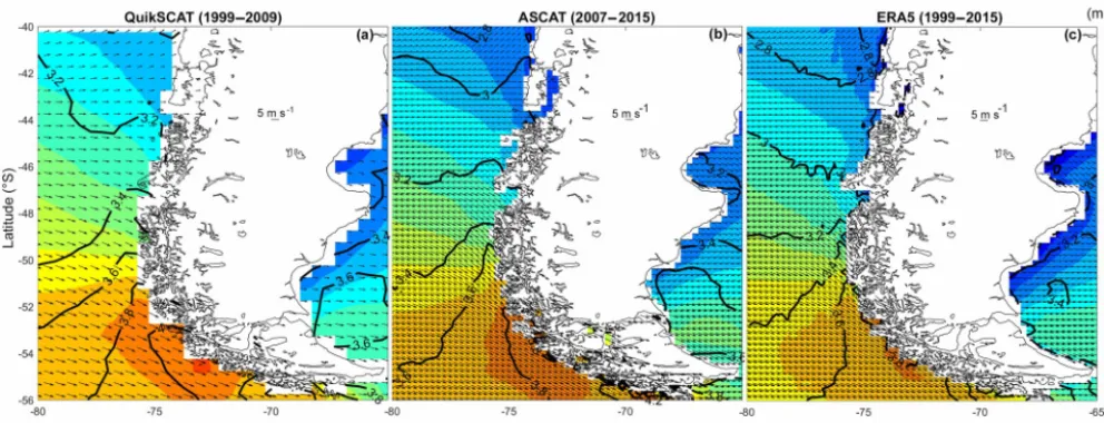 Figure 2. Long-term mean of daily surface wind from (a) QuikSCAT (1999–2009), (b) ASCAT (2007–2016), and (c) ERA5 reanalysisclimate data sets (1999–2015)