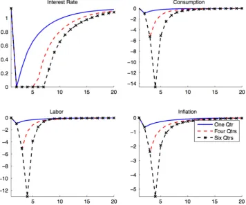 Fig. 4. IRFs after discount factor shocks. (For interpretation of the references to color in this figure caption, the reader is referred to the web version of thispaper.)