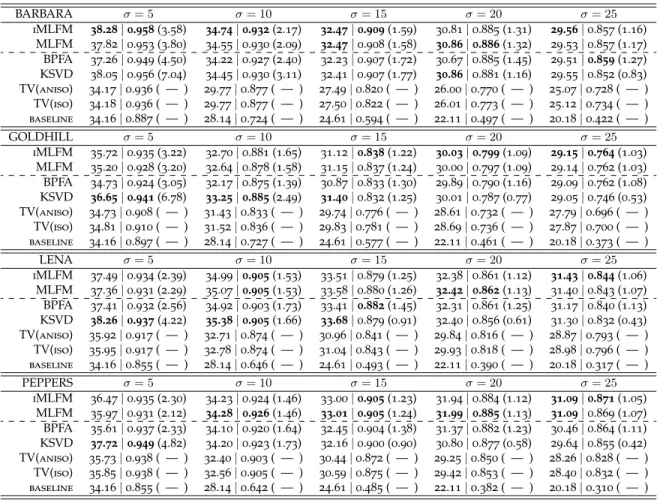 Table 3.1: PSNR | SSIM (average # features used per patch) on various images and noise settings