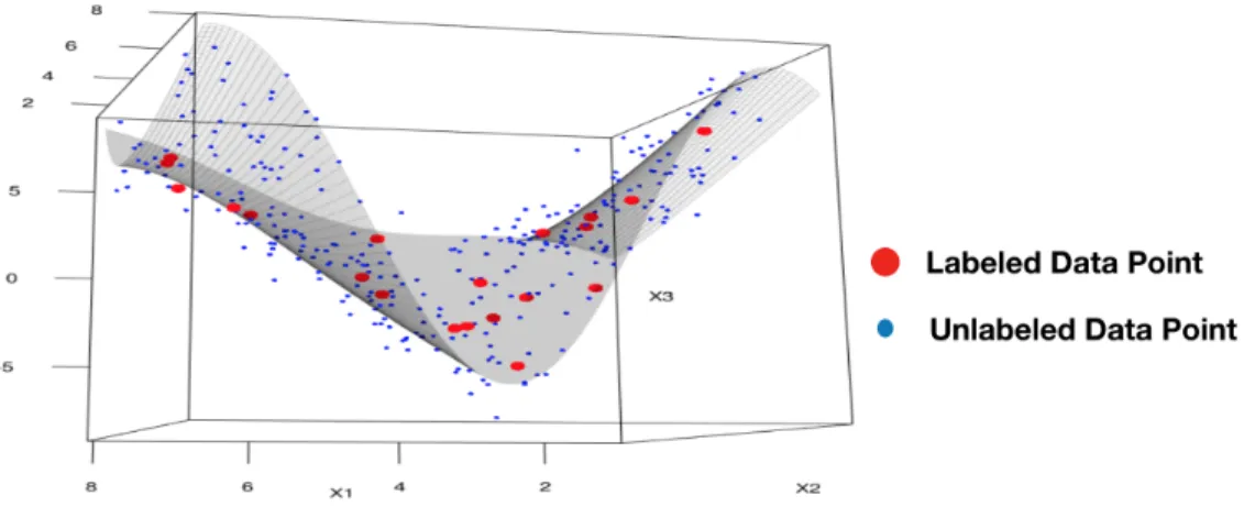 Figure 4.1: Idealization of the way in which the unlabeled predictive variables provide a proxy for an underlying lower dimensional manifold