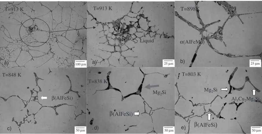 Fig. 7Micrographs quenched from interrupted solidiﬁcation temperatures of B alloy; quenched from (a) 913 K (solid fraction, fs, 0.50),(a)0 magniﬁed the circle part in (a), (b) 898 K (fs, 0.74), (c) 848 K (fs, 0.91), (d) 838 K (fs, 0.93), (e) 803 K, (fs, 0.99).