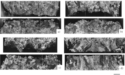 Fig. 11Observation of macro structure at breaking section of tensile testing sample: a); T ¼ 888 K (fs ¼ 0:74), b); T ¼ 863 K(fs ¼ 0:85), c); T ¼ 833 K (fs ¼ 0:91) and T ¼ 783 K (fs ¼ 1:0).