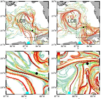 Fig. 3. Snapshots of FTLE ﬁeld in d−1 computed backward in time for 35 days, for 1 June (a) and 30 June (b) of model simulation year 2000.Regions of red tones indicate the possible attracting LCSs (ridges)
