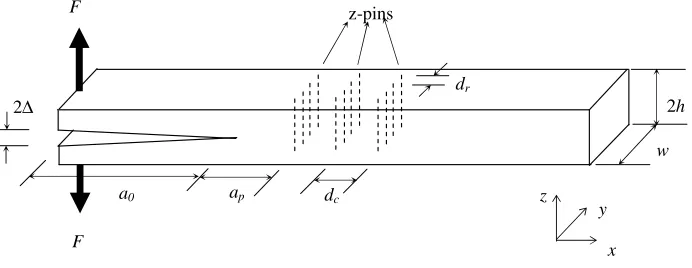 Figure 1. Schematic of a Double-Cantilever-Beam (DCB) test for z-pinned composite laminate