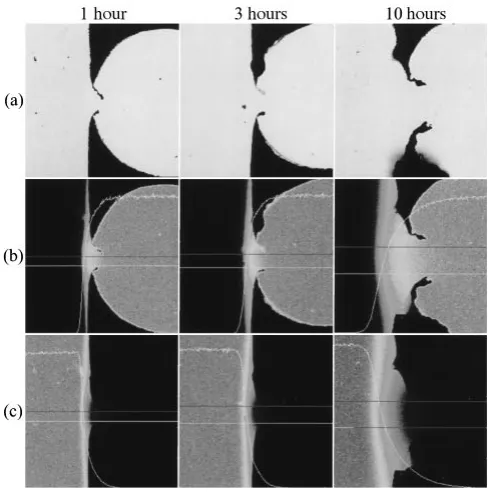 Fig. 5Microstructure and element area distribution images of Cu, Ni forcross section of sintering neck in the wires analyzed by EPMA at 1327 K.(a) BSE images (b) CuK� (c) NiK�.