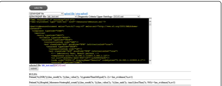 Fig. 5 A Prototype Implementation of a HQMF to SWRL Translation Pipeline with a Web Interface
