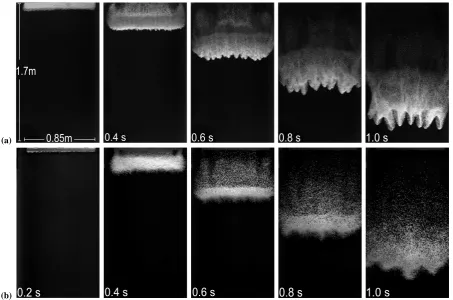 Fig. 3. Video stills taken at 0.2 s intervals from experiments conducted at a slope angle of 65◦ using: (a) 2100 cm3 of 1.8 mm diameter EPSbeads and (b) 3300 cm3 of 5.0 mm diameter EPS beads.